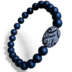 Matte 8mm Onyx Stretch Bracelet w/ Black Pave Crystal Filigree Oval Spacer
